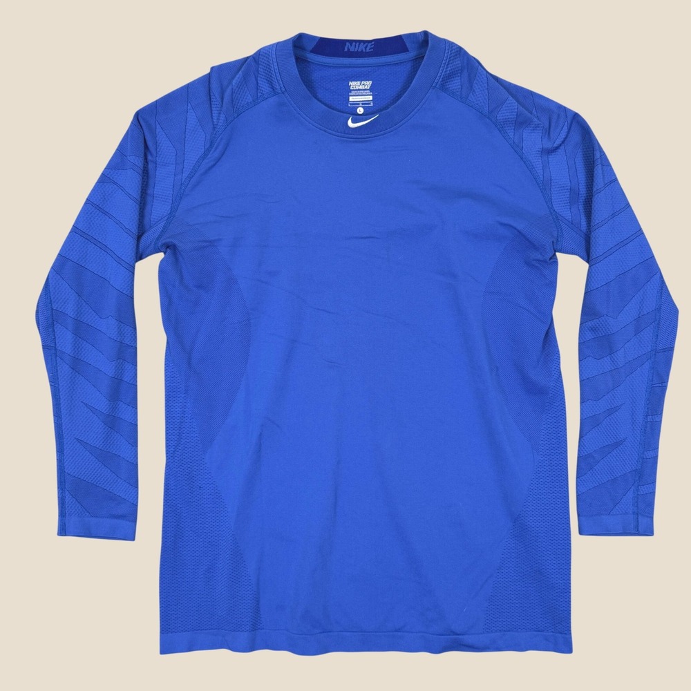 Nike Pro Combat Shirt Men L Blue Compression Long Sleeve Athletic Training Top